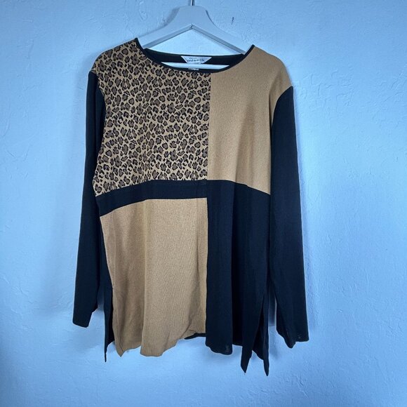 Exclusively Misook Womens Leopard Print Colorblock Knit Top XL Brown Long Sleeve - Picture 1 of 9